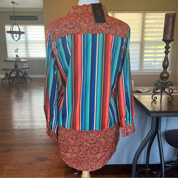 NWT $79 Lucky & Blessed L&B Blouse Size Small Southwestern Turquoise Serape Snap - Picture 15 of 16